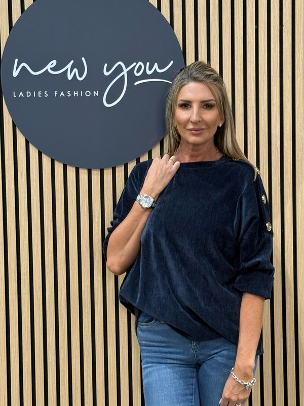 Button Shoulder Velour Top - Navy