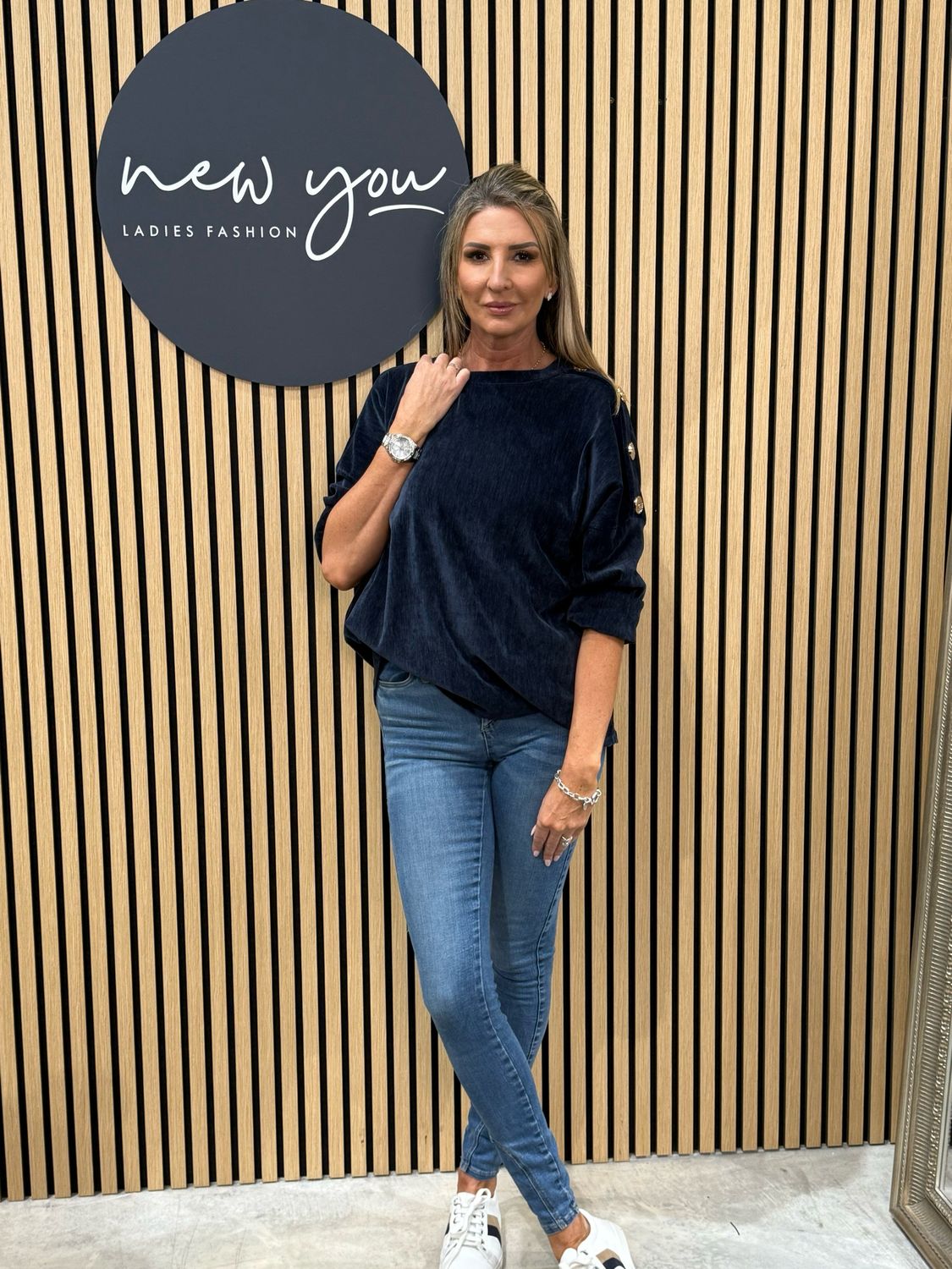 Button Shoulder Velour Top - Navy