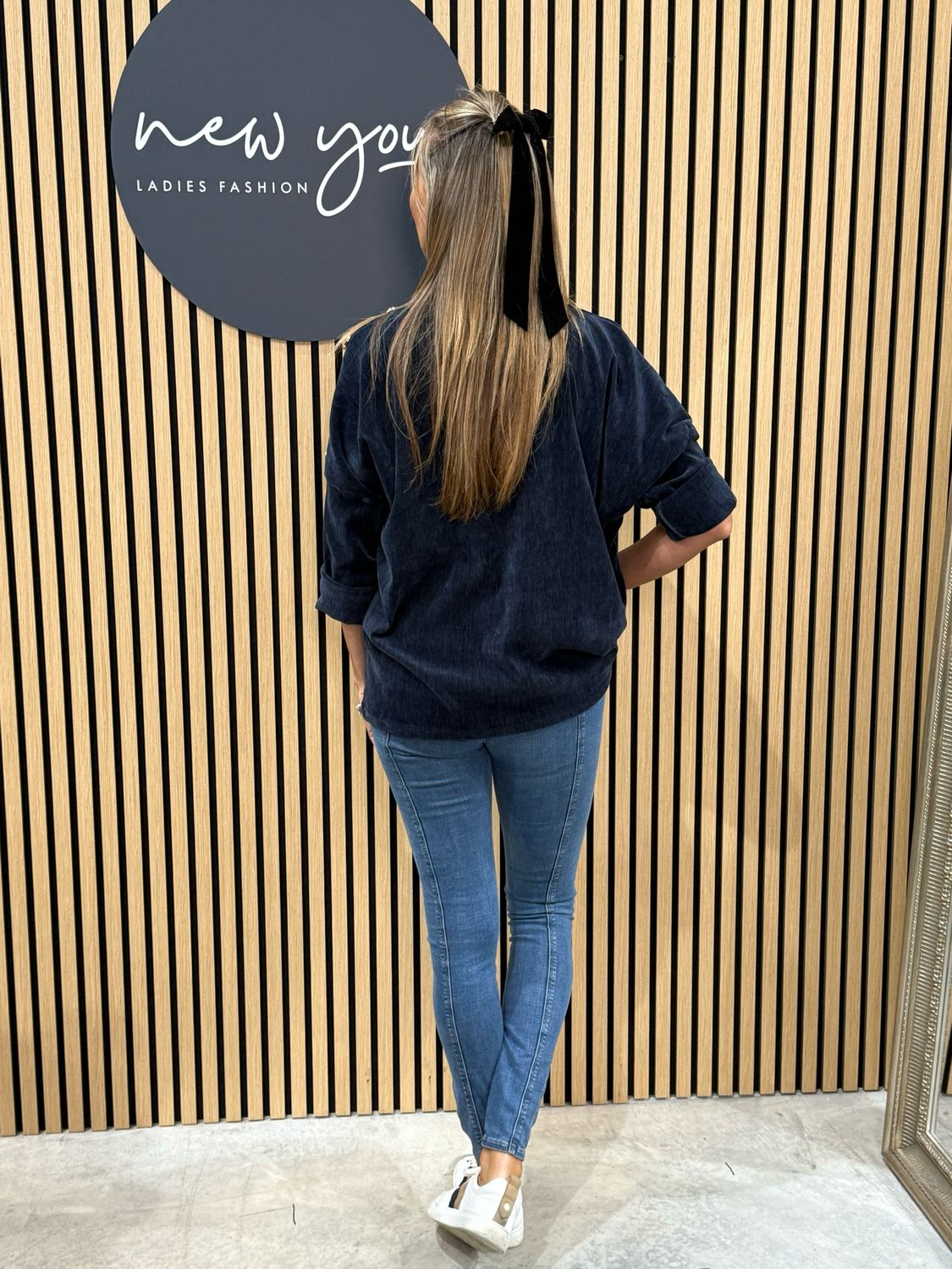 Button Shoulder Velour Top - Navy