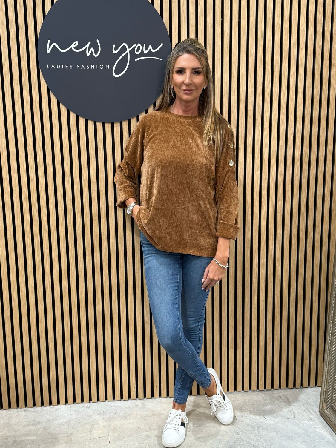 Button Shoulder Velour Top - Tan