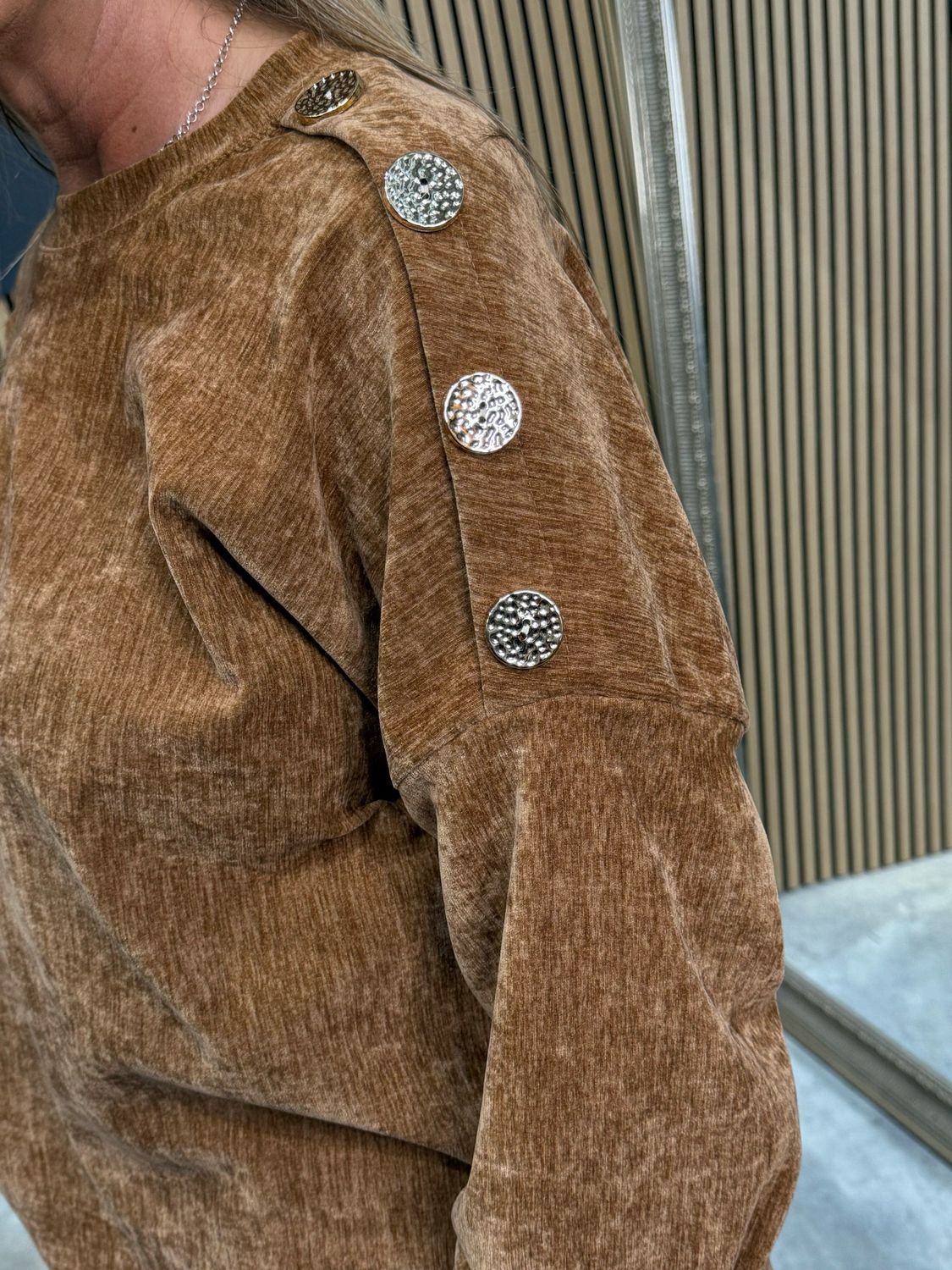 Button Shoulder Velour Top - Tan