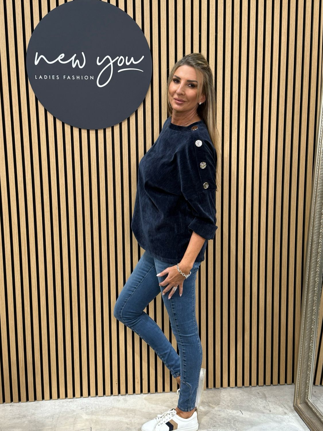 Button Shoulder Velour Top - Navy