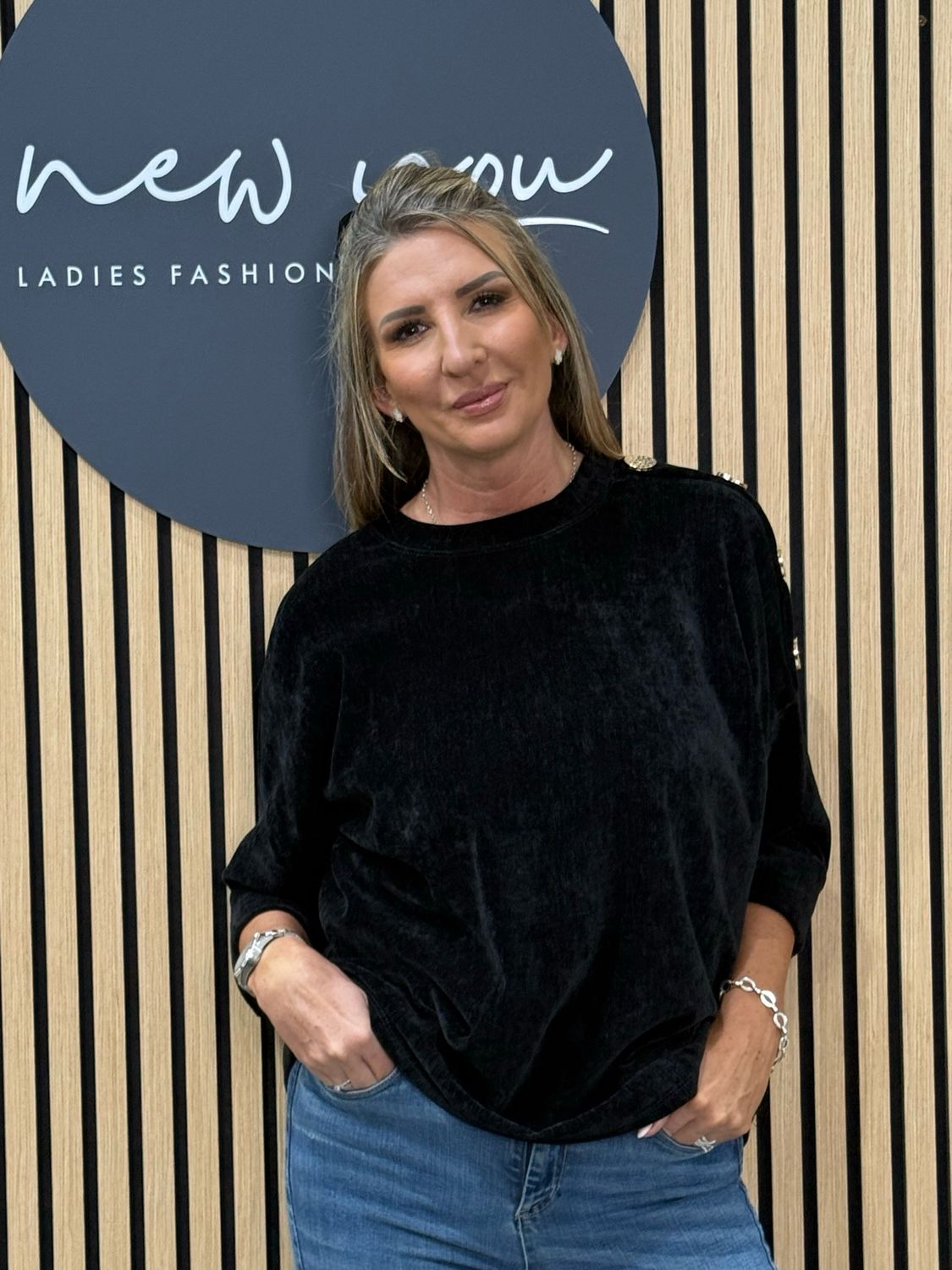 Button Shoulder Velour Top - Black