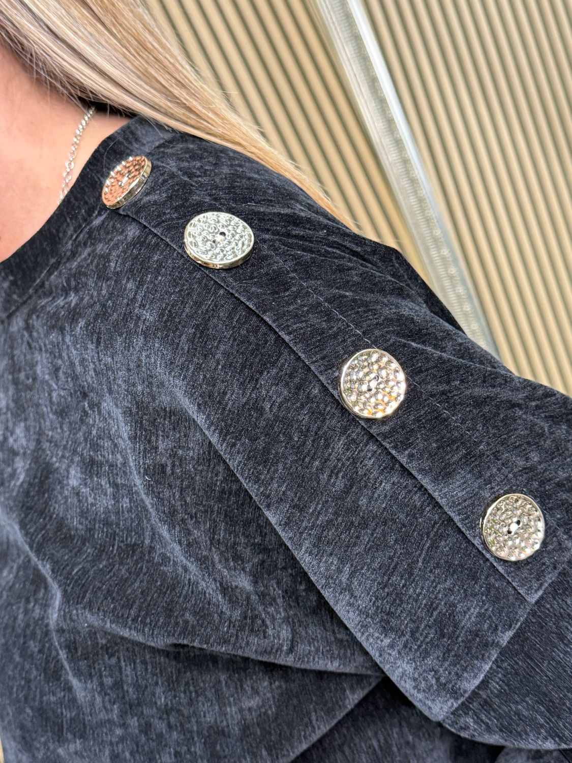 Button Shoulder Velour Top - Black