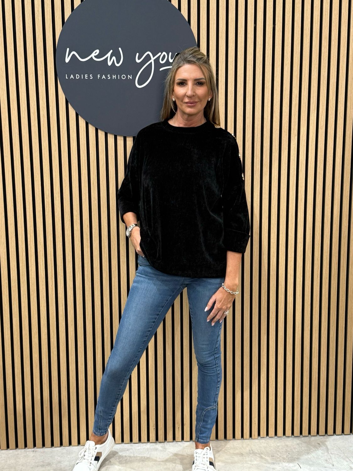 Button Shoulder Velour Top - Black