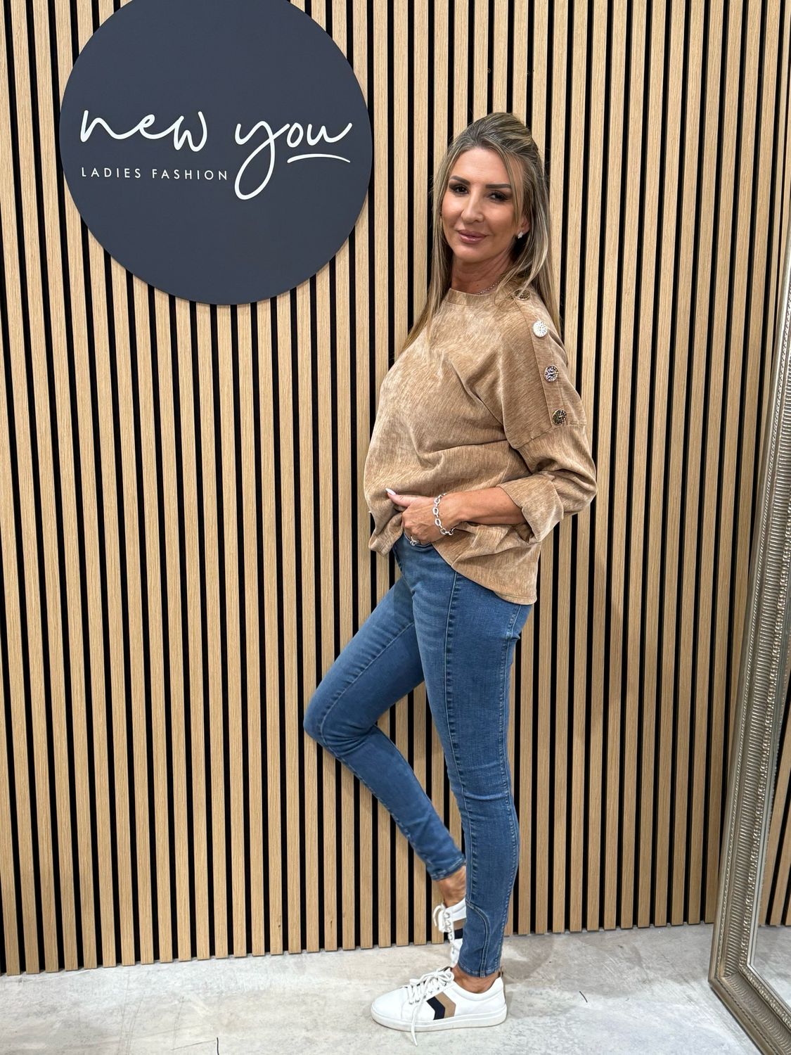 Button Shoulder Velour Top - Camel