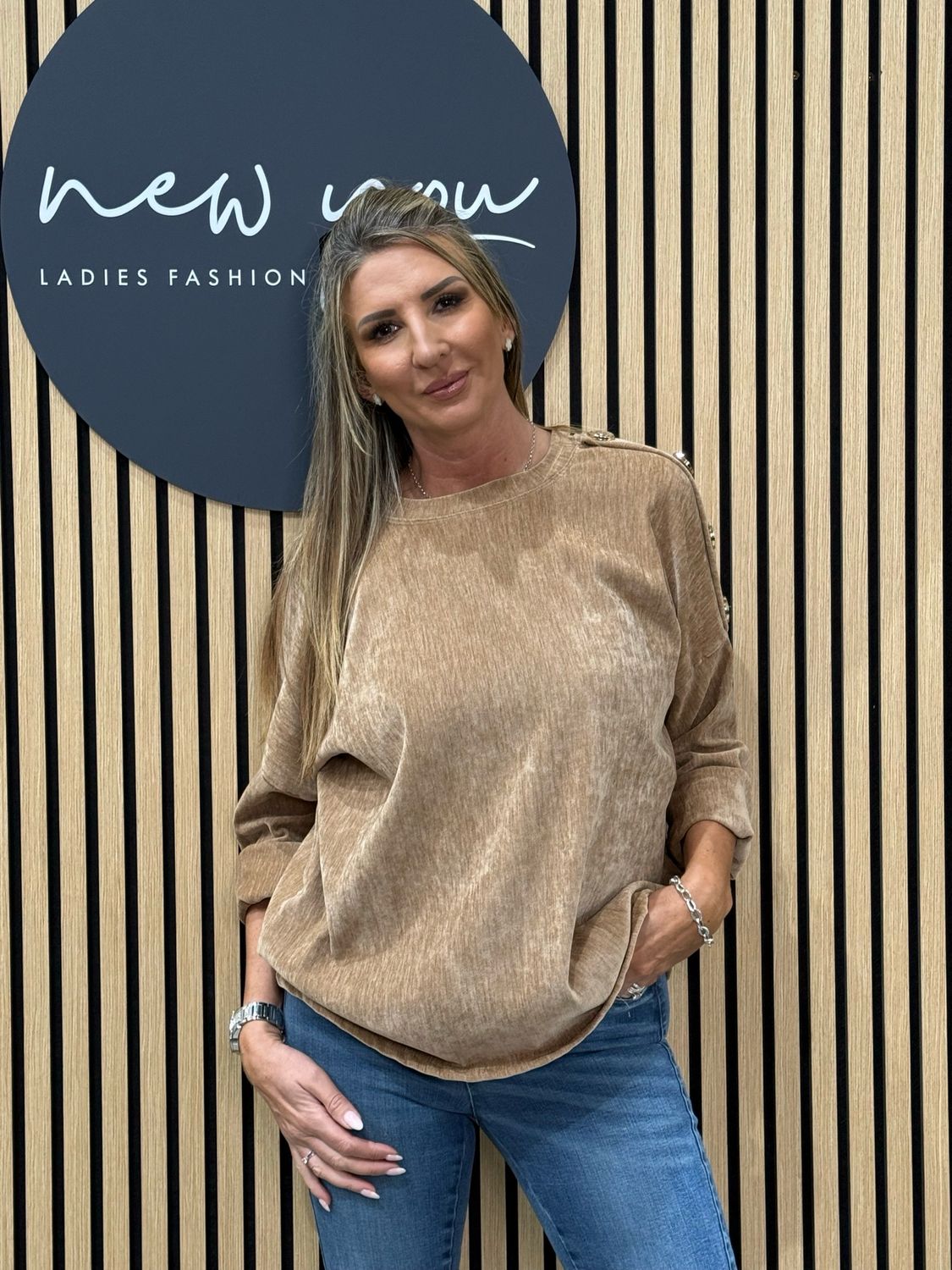 Button Shoulder Velour Top - Camel