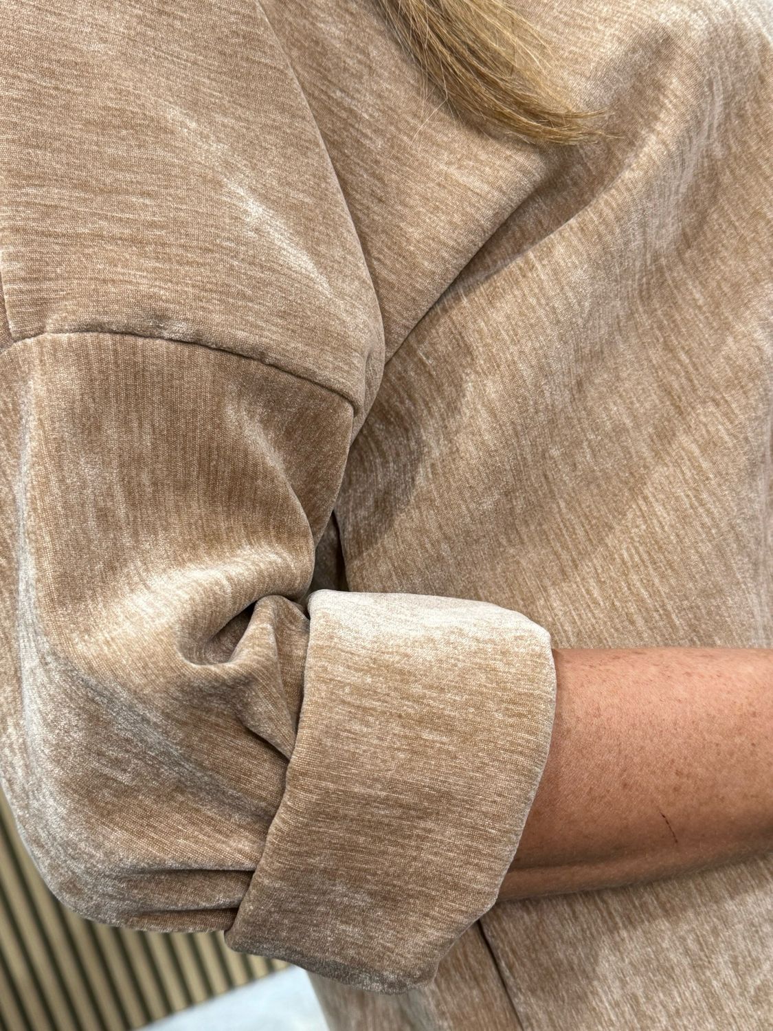 Button Shoulder Velour Top - Camel