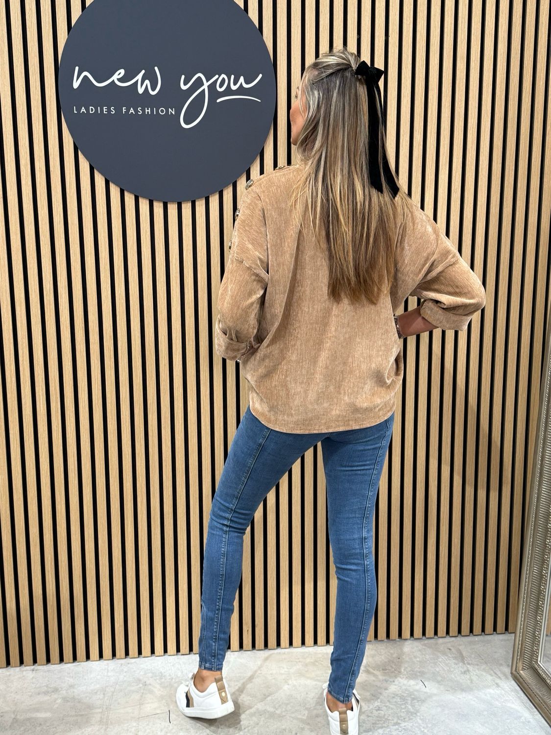 Button Shoulder Velour Top - Camel