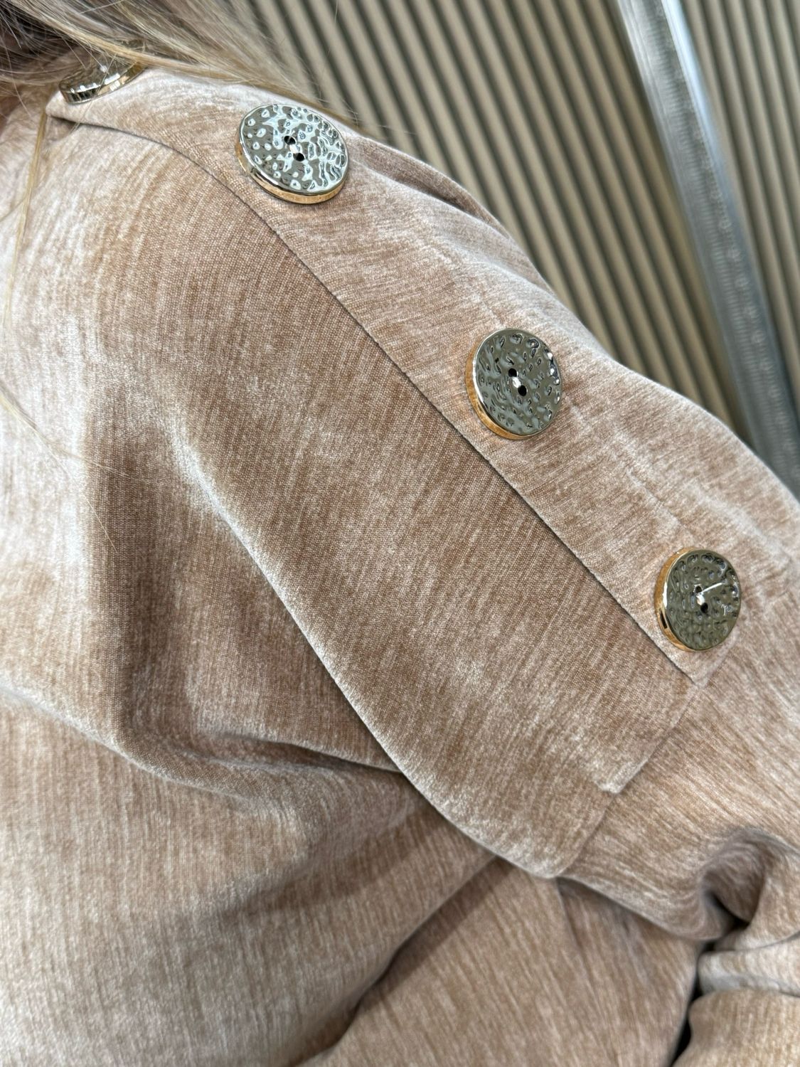 Button Shoulder Velour Top - Camel