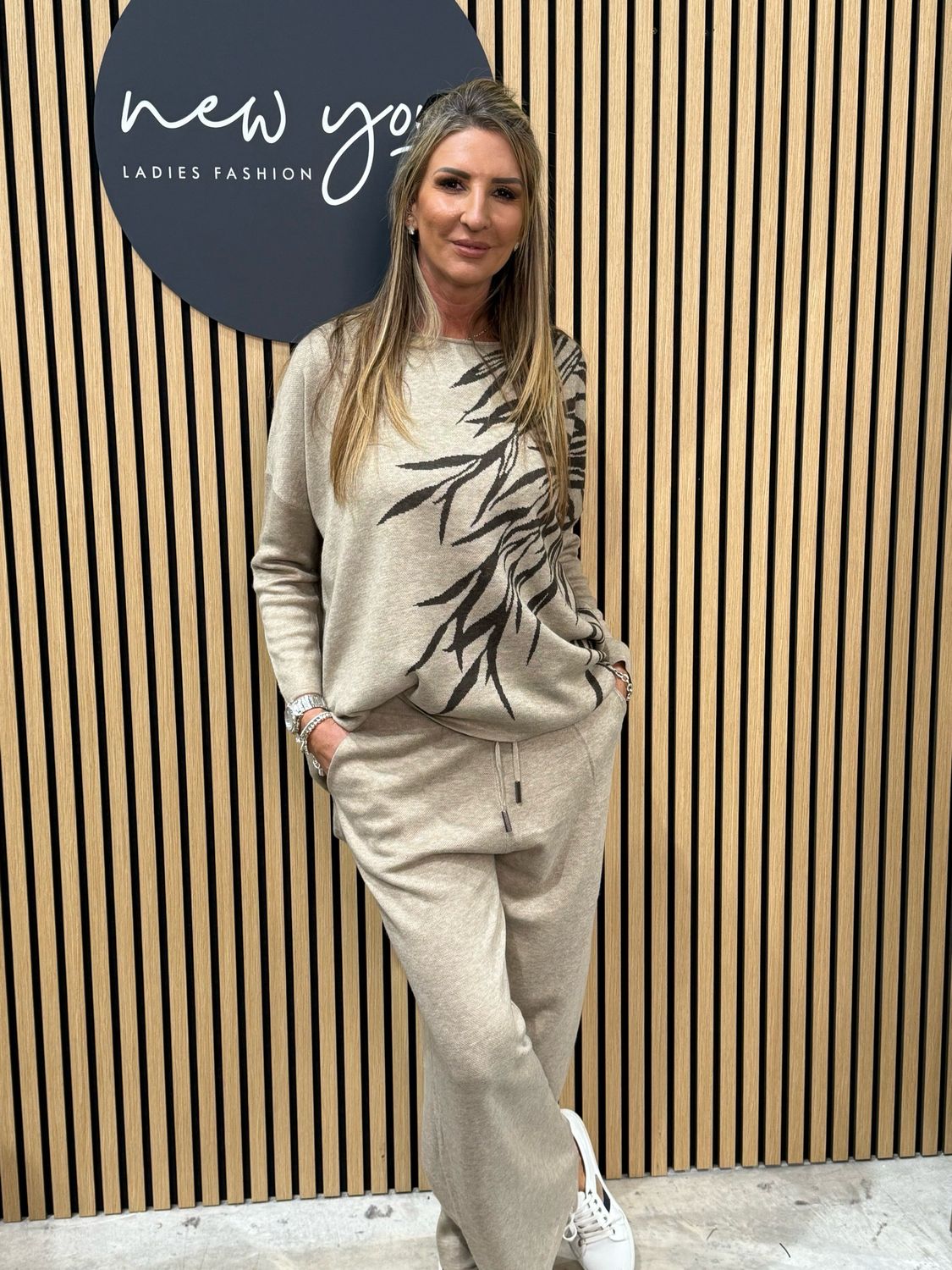 Leaf Print Knit Coord Set - Beige