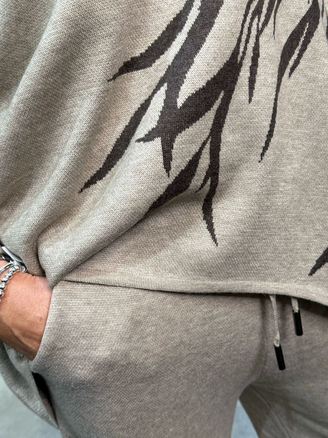 Leaf Print Knit Coord Set - Beige