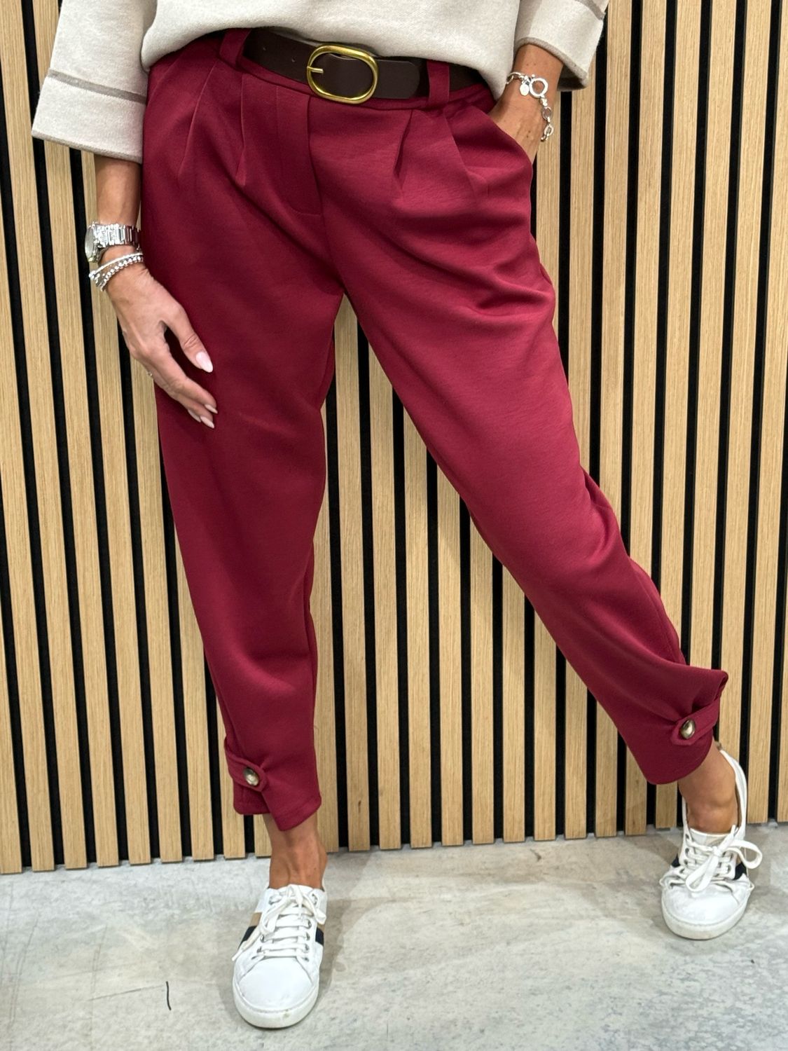 Button Hem Jogger - Burgundy