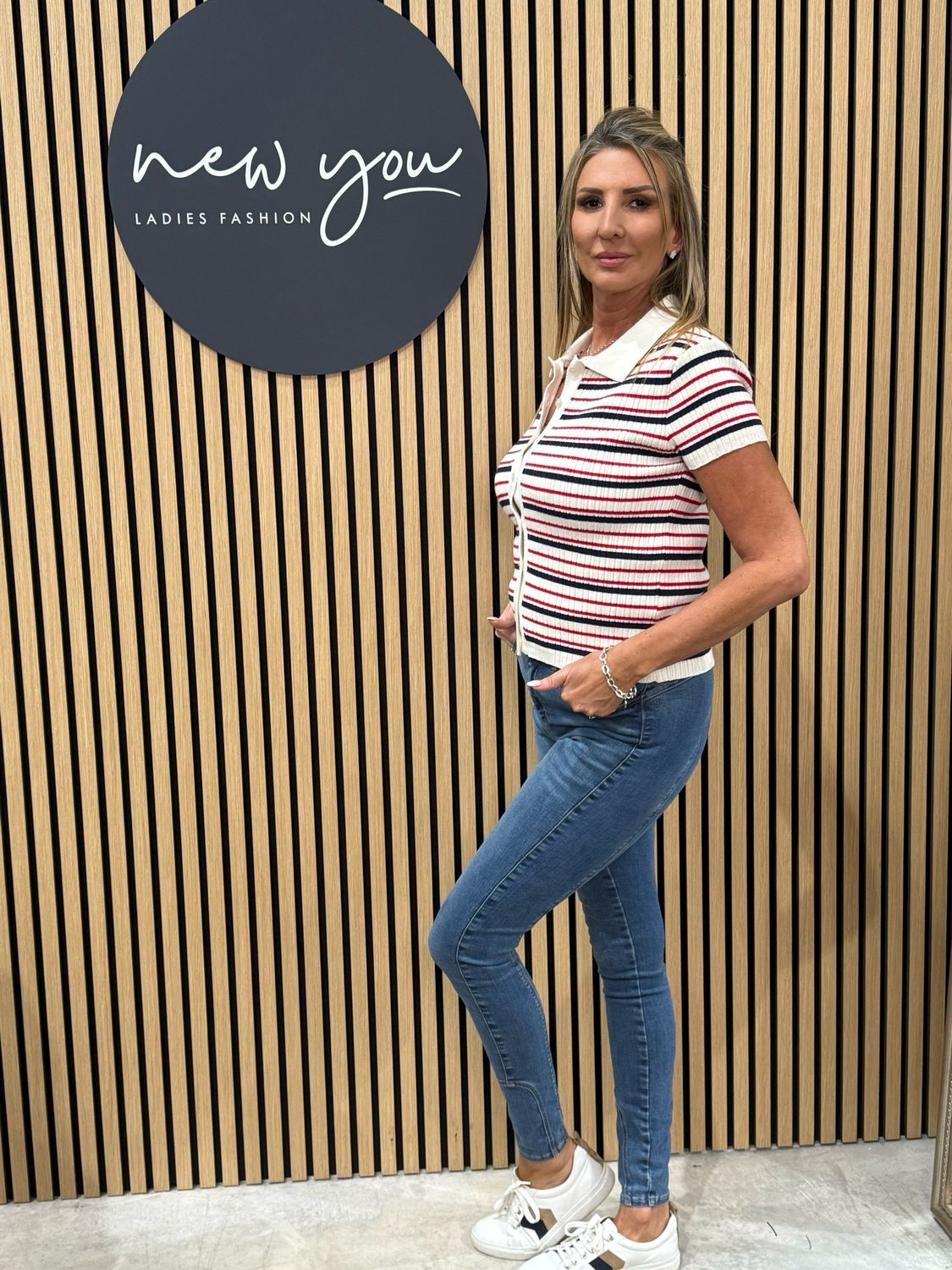 Striped Knit Polo Top - White/Blue/Red