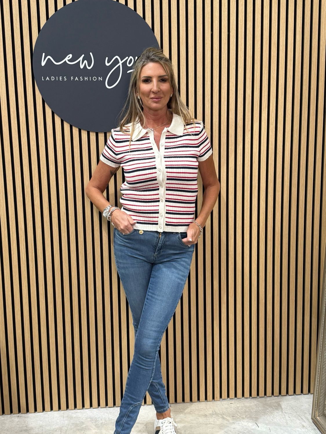 Striped Knit Polo Top - White/Blue/Red