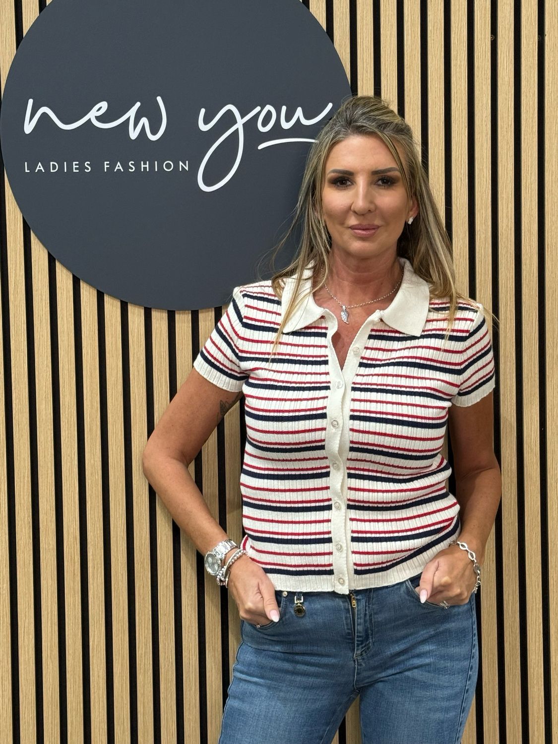 Striped Knit Polo Top - White/Blue/Red