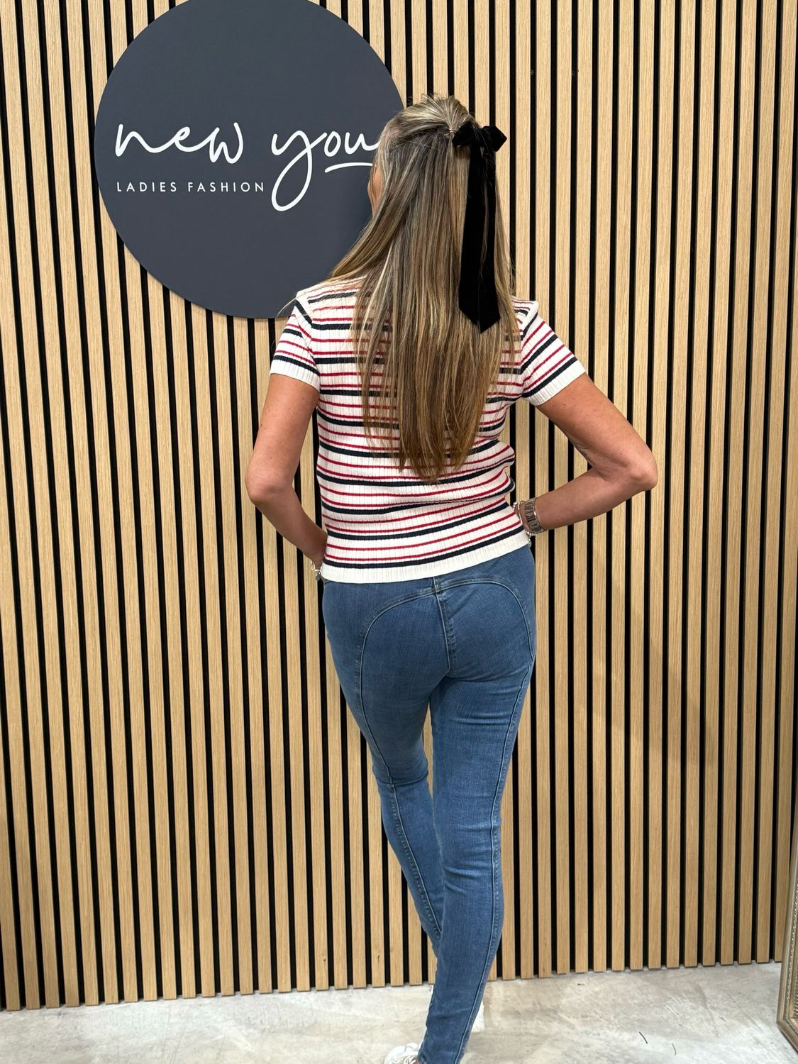 Striped Knit Polo Top - White/Blue/Red