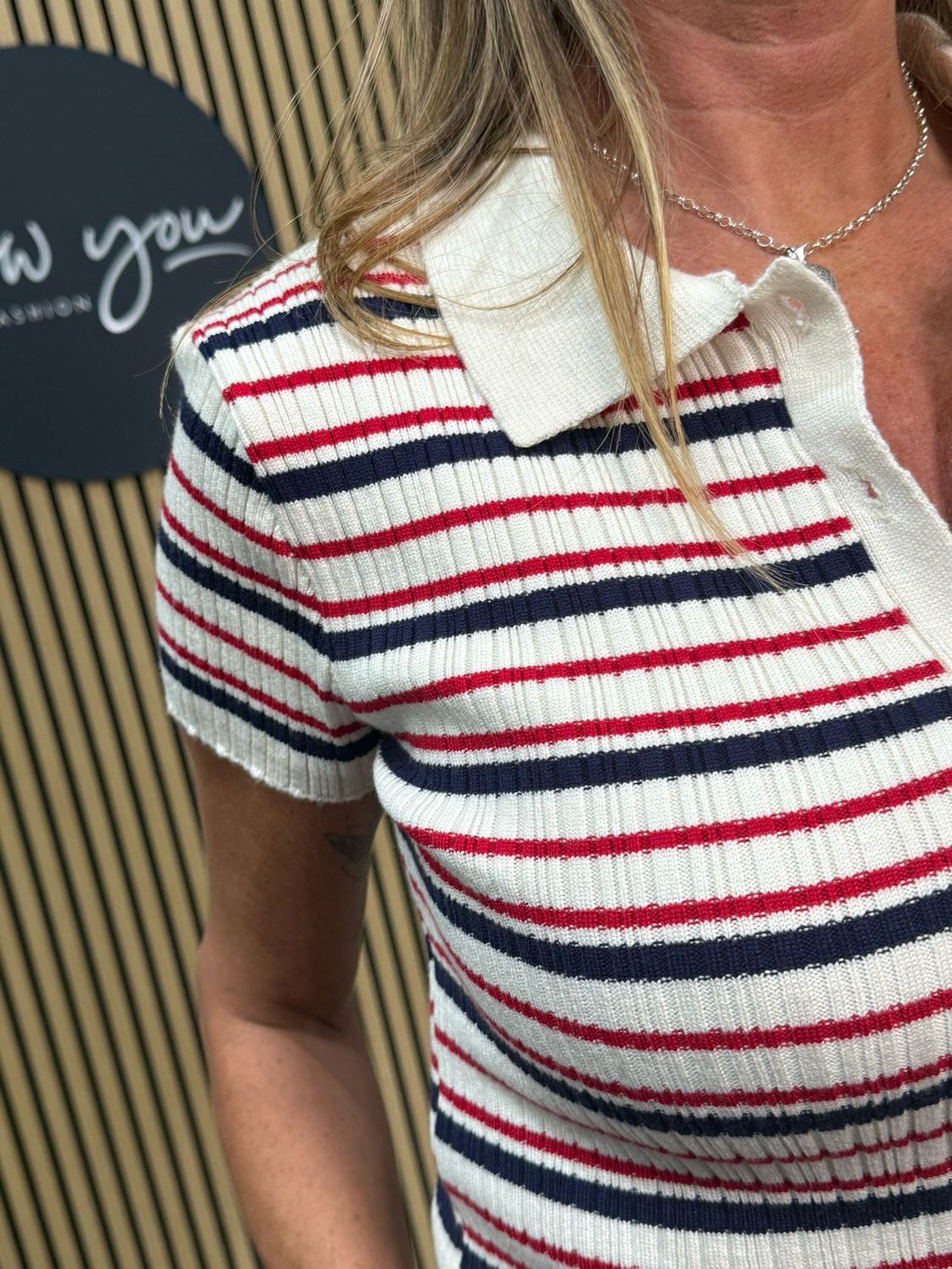 Striped Knit Polo Top - White/Blue/Red