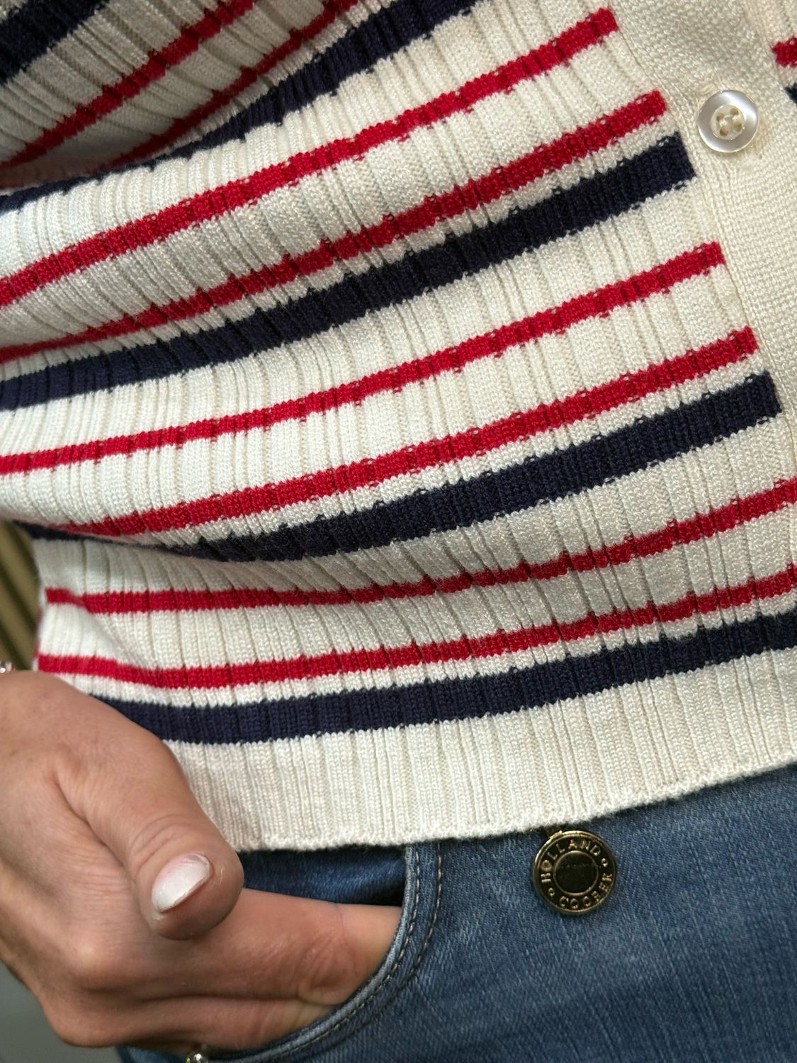 Striped Knit Polo Top - White/Blue/Red