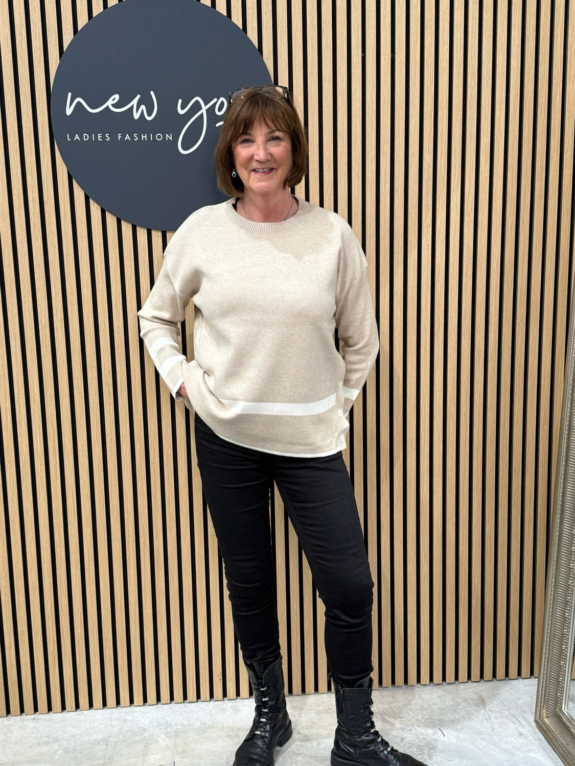 Contrast Button Side Knit Jumper - Beige