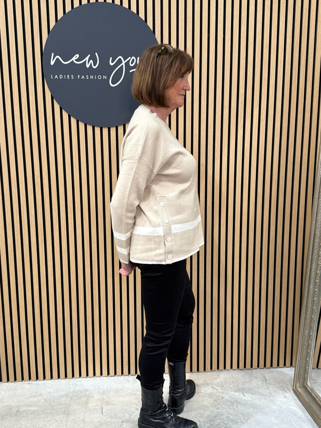 Contrast Button Side Knit Jumper - Beige