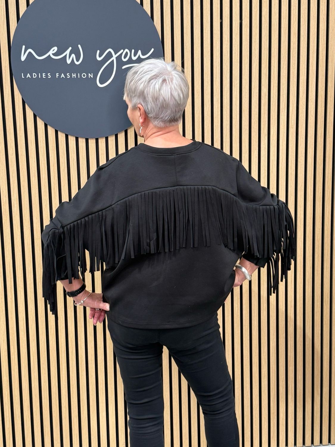 Fringe Detail Batwing Jumper - Black