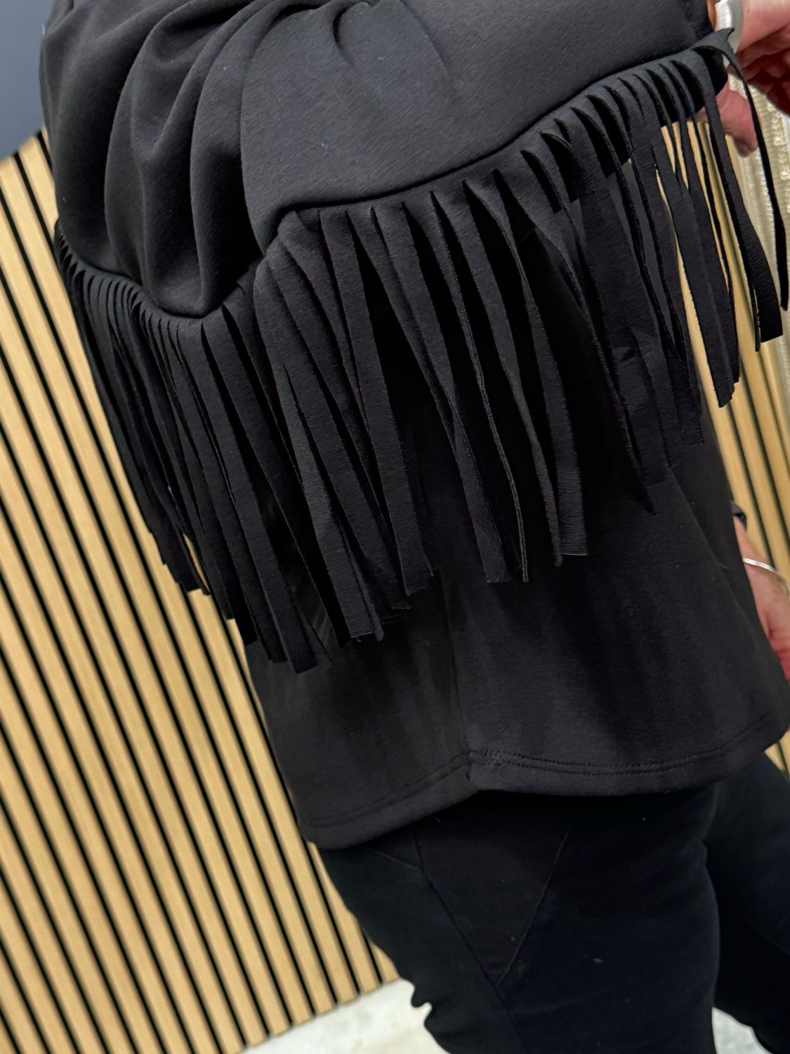 Fringe Detail Batwing Jumper - Black