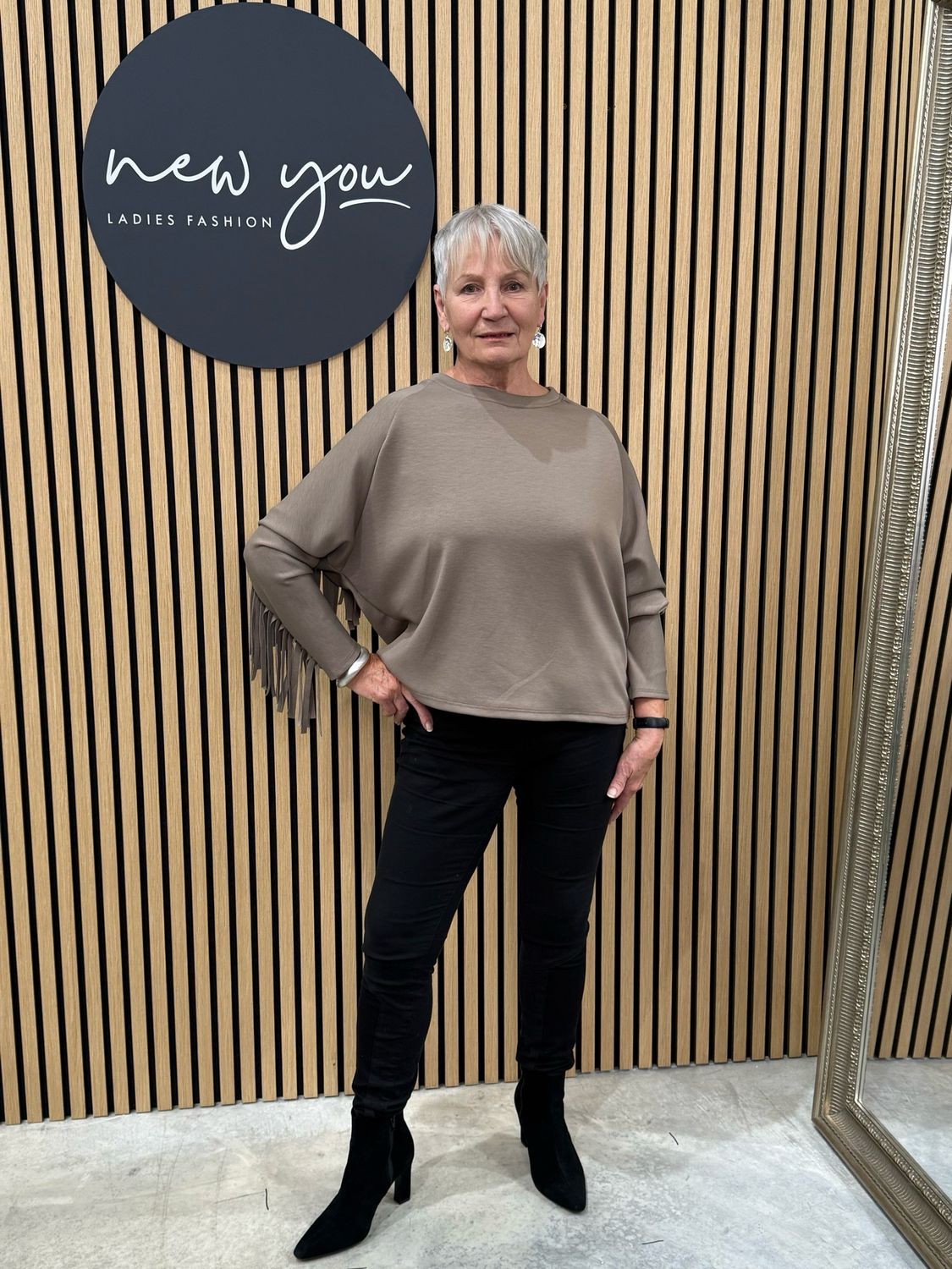 Fringe Detail Batwing Jumper - Taupe