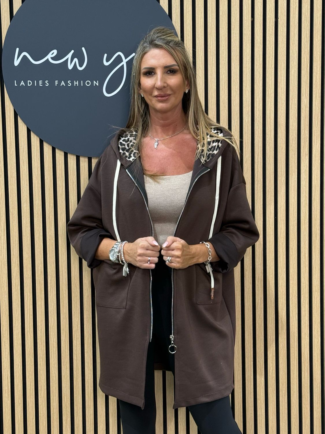 Leopard Hood Zip Hoodie - Brown