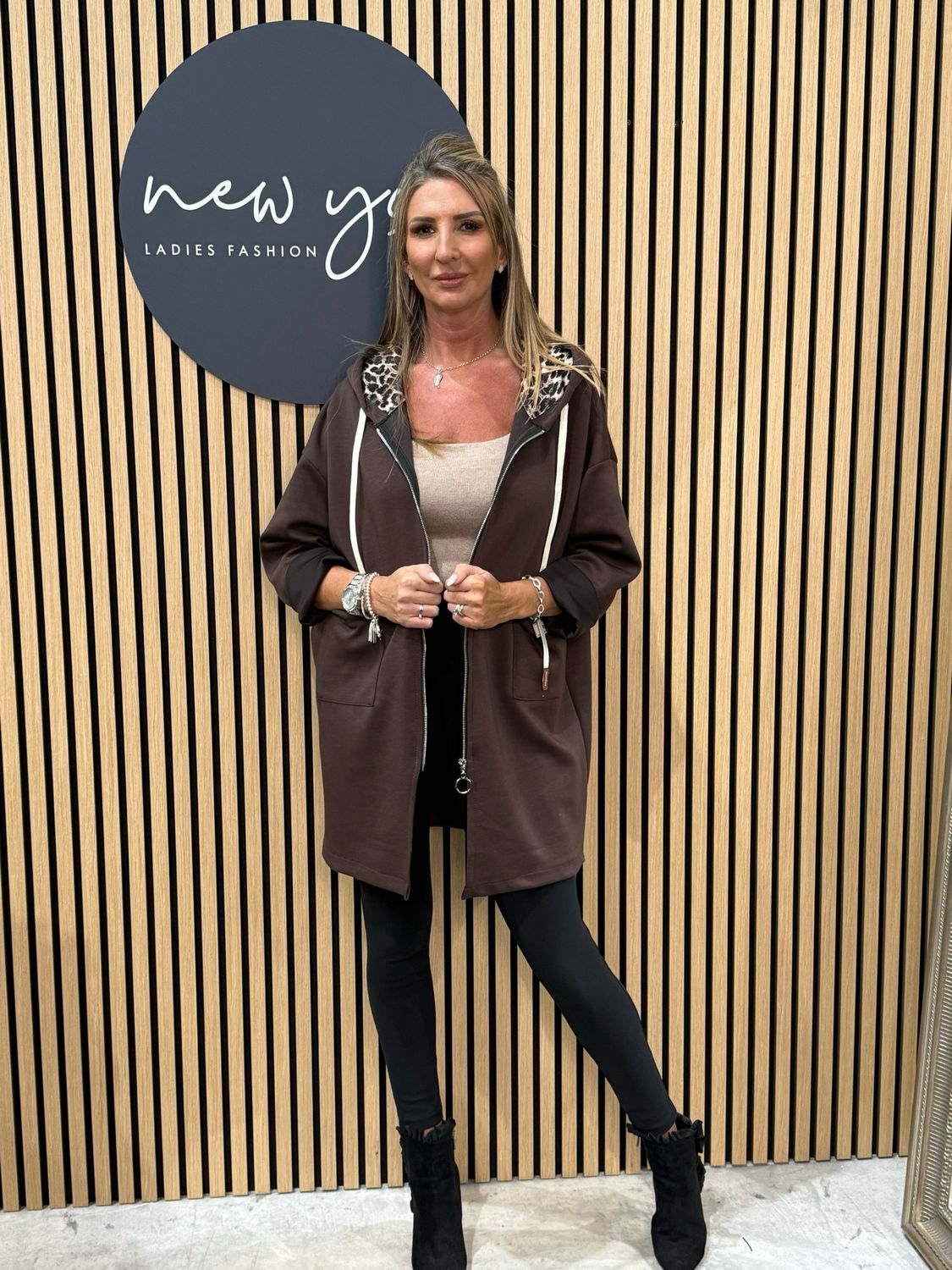 Leopard Hood Zip Hoodie - Brown