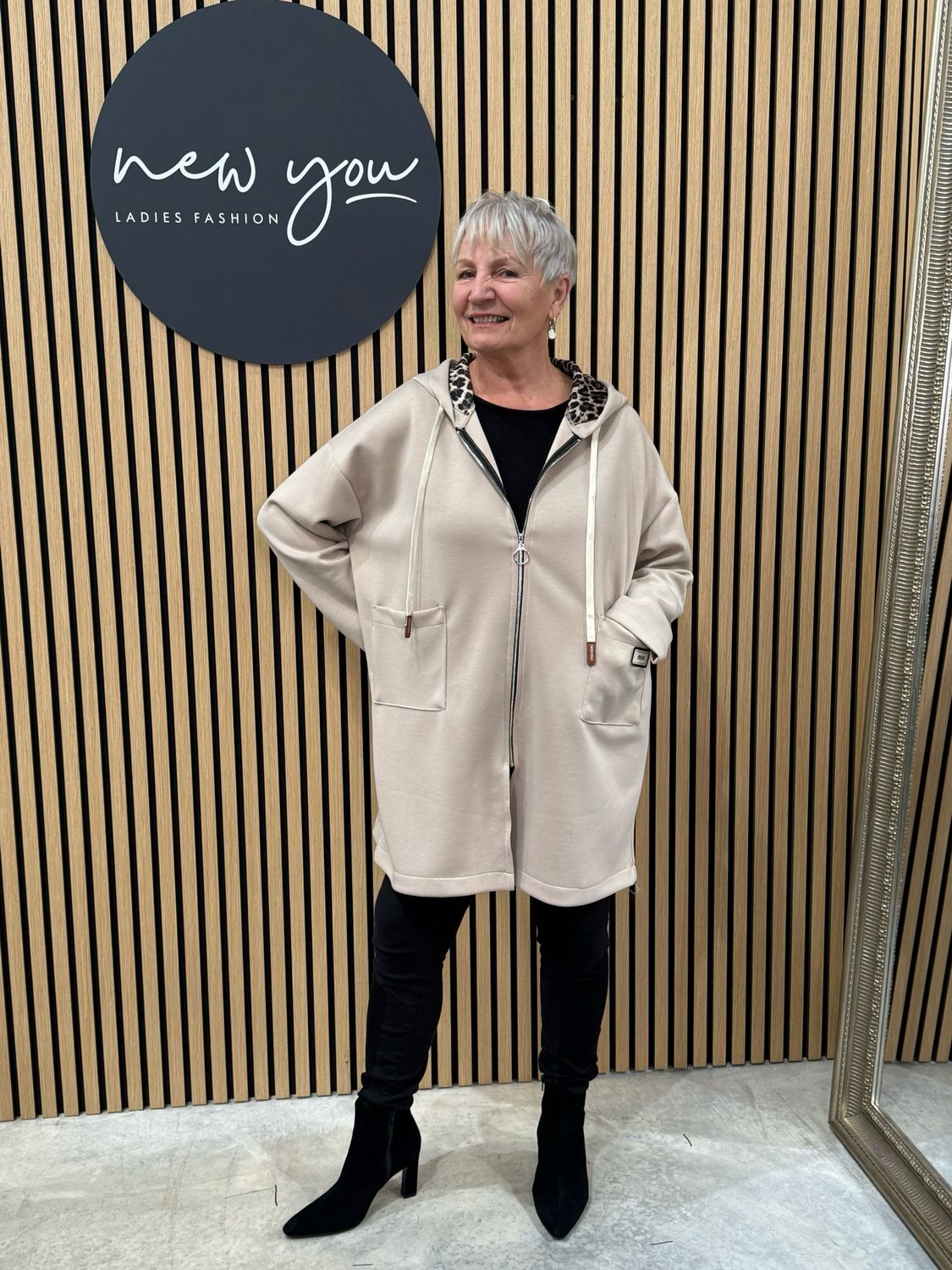 Leopard Hood Zip Hoodie - Beige