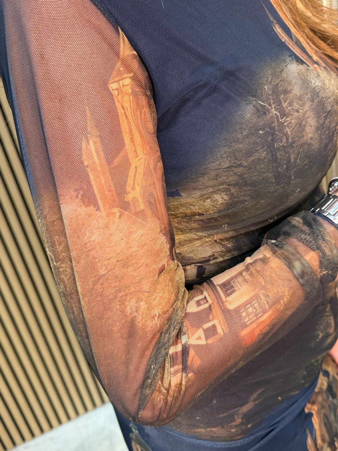 Art Print Mesh Midi Dress - Navy