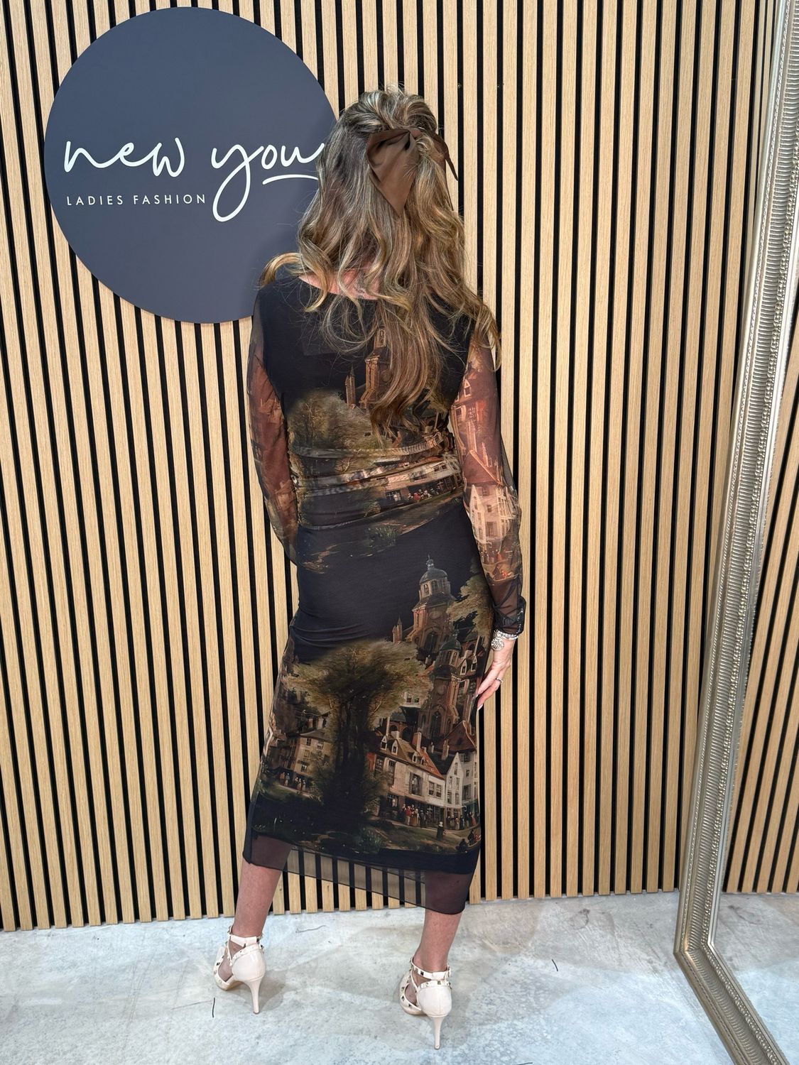 Art Print Mesh Midi Dress - Black