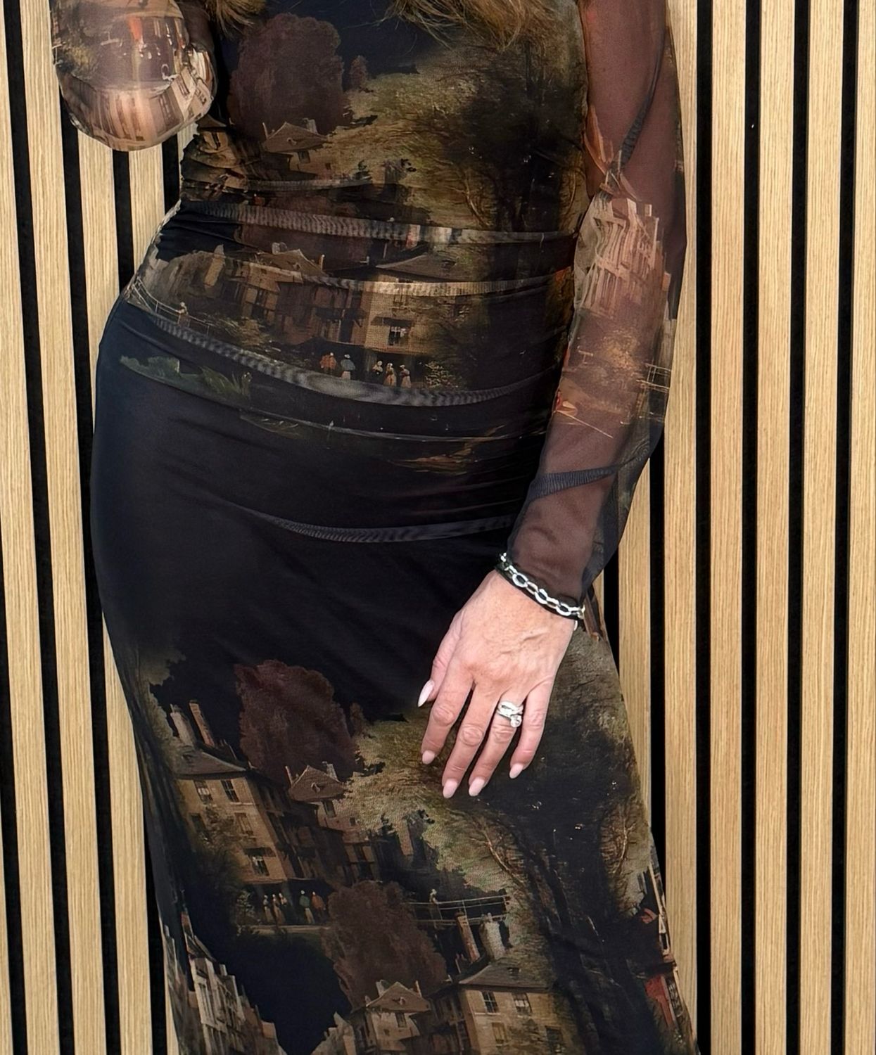 Art Print Mesh Midi Dress - Black