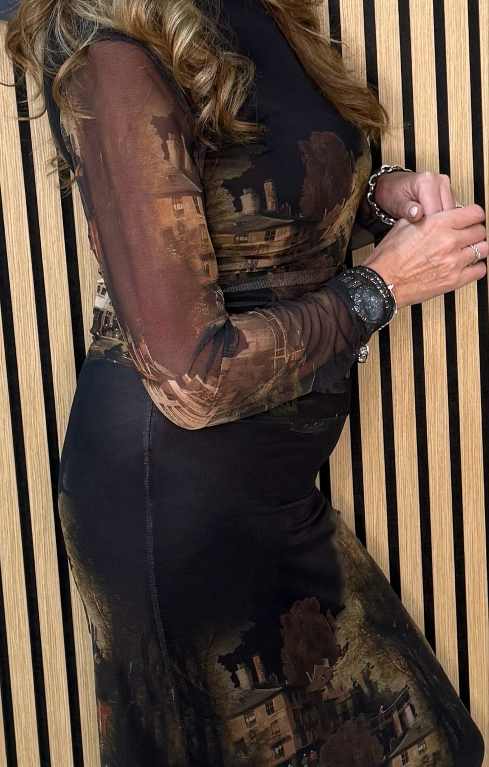 Art Print Mesh Midi Dress - Black