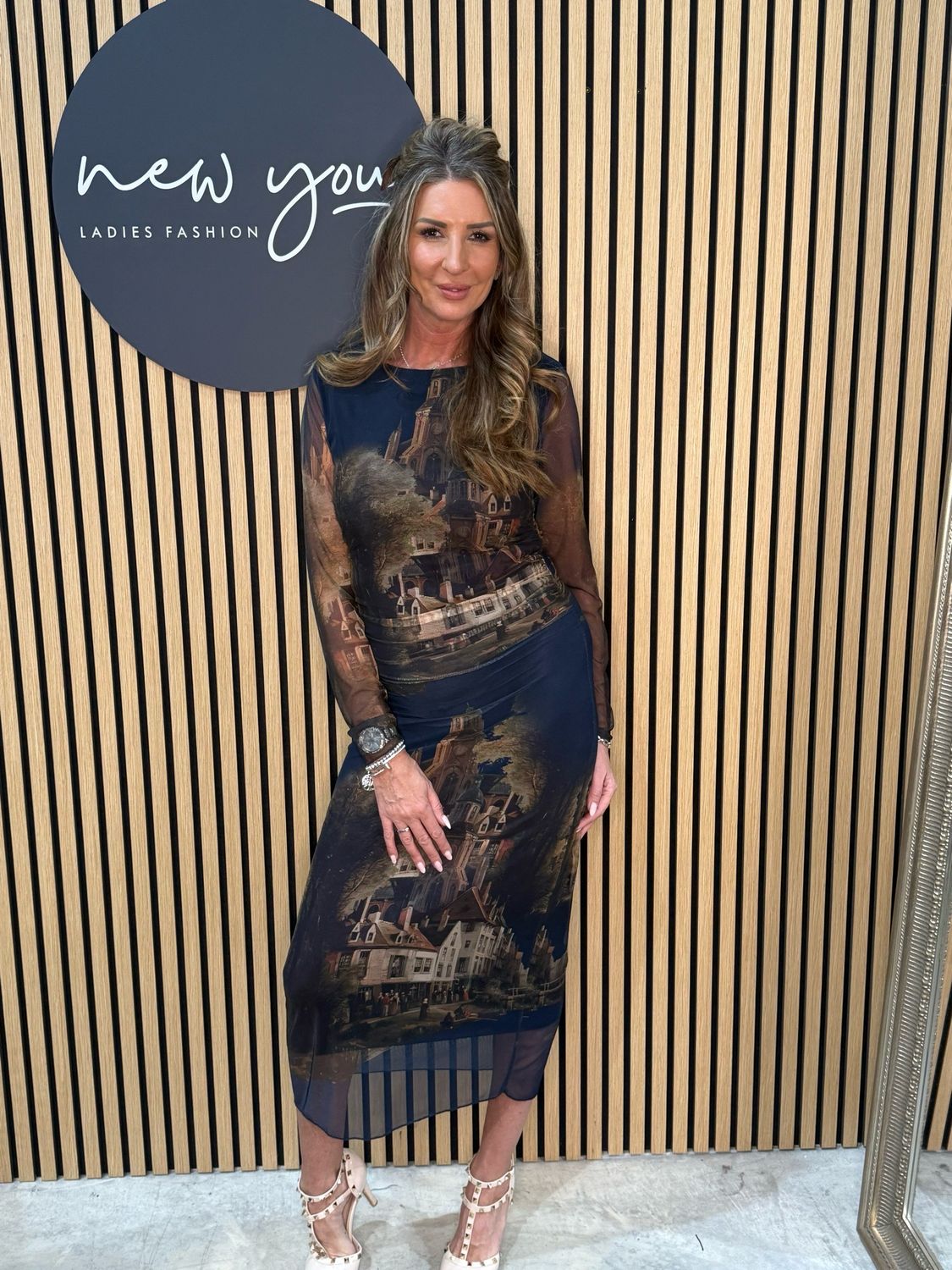 Art Print Mesh Midi Dress - Navy