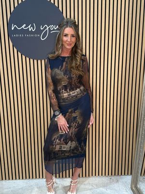 Art Print Mesh Midi Dress - Navy