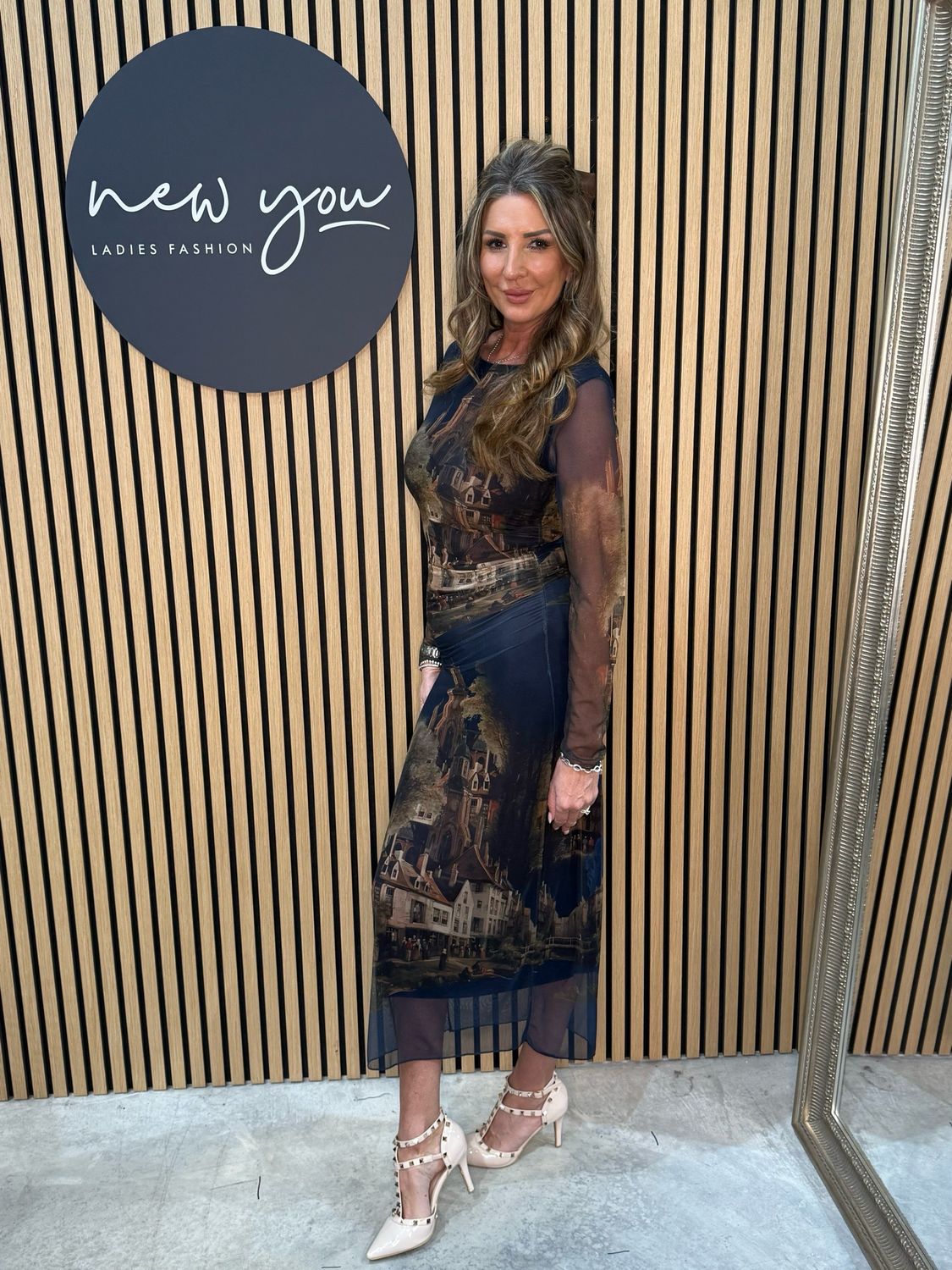 Art Print Mesh Midi Dress - Navy