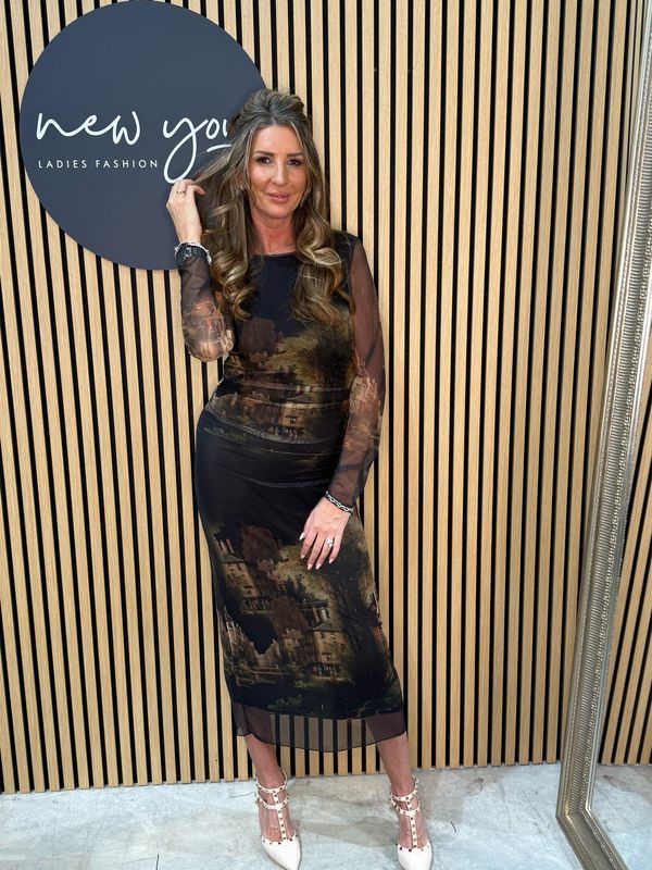 Art Print Mesh Midi Dress - Black