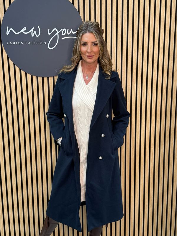 Double Breasted Belted Coat - Navy