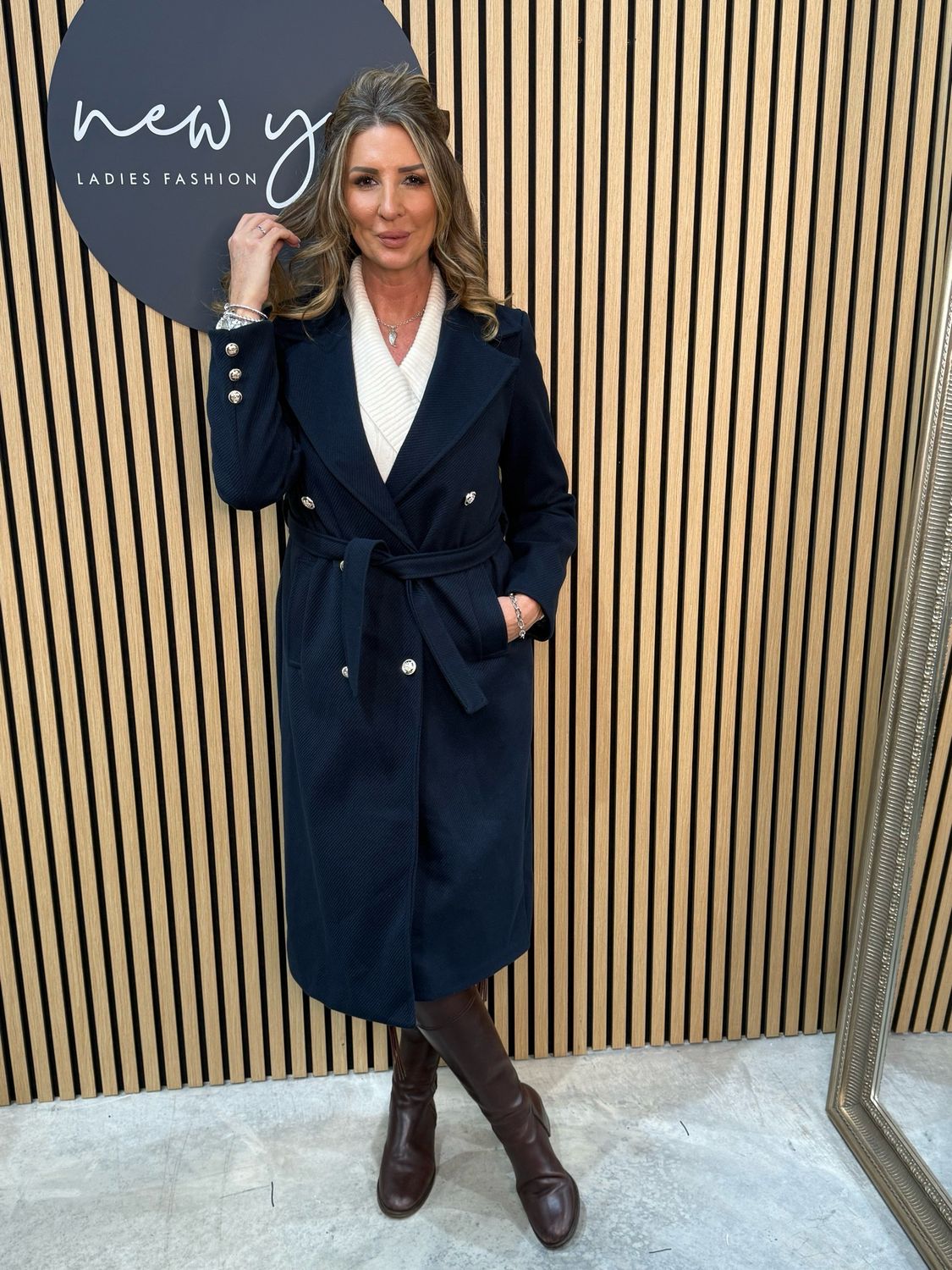 Double Breasted Belted Coat - Navy