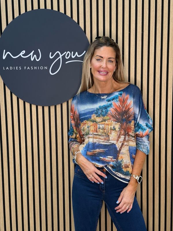 Scenic Print Batwing Top - Blue