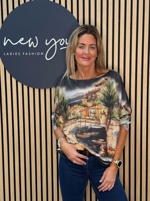 Scenic Print Batwing Top - Black