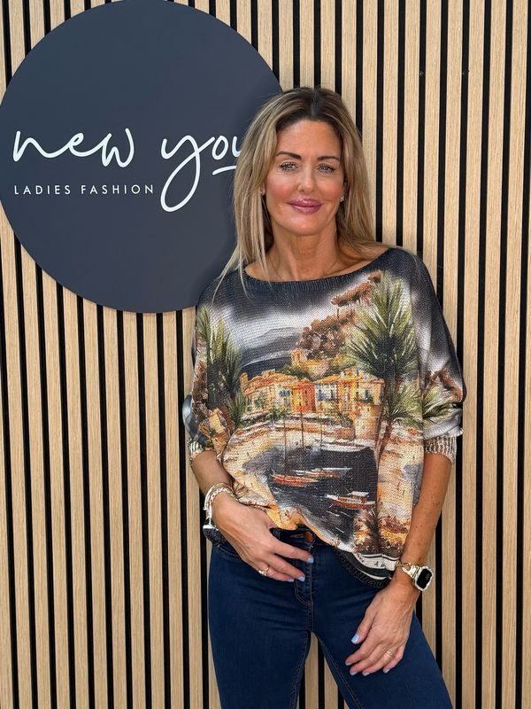 Scenic Print Batwing Top - Black