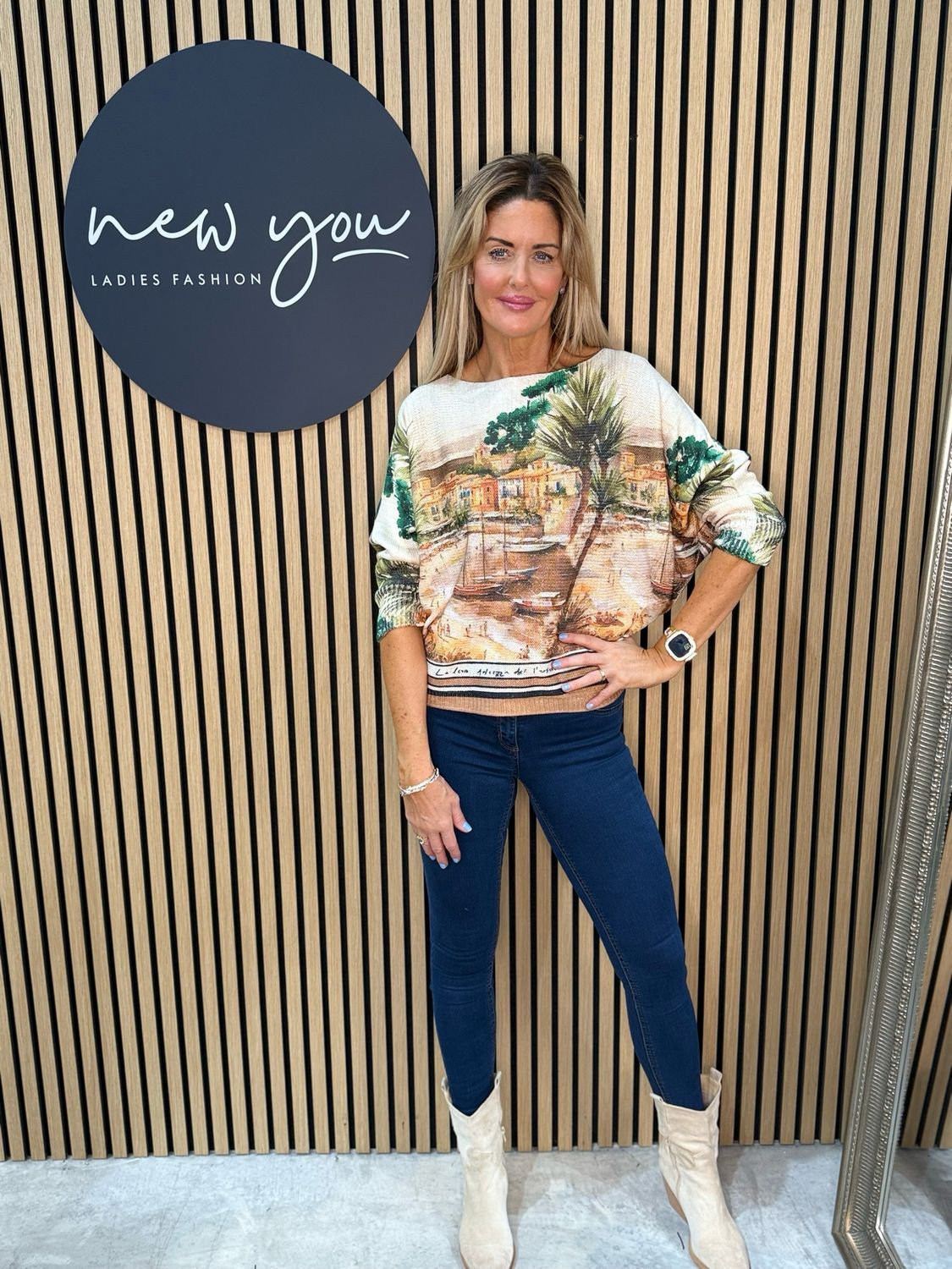 Scenic Print Batwing Top - Green