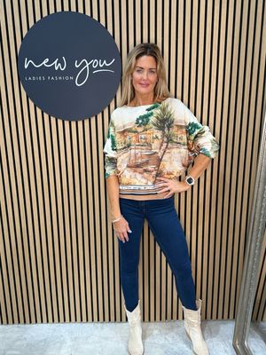 Scenic Print Batwing Top - Green