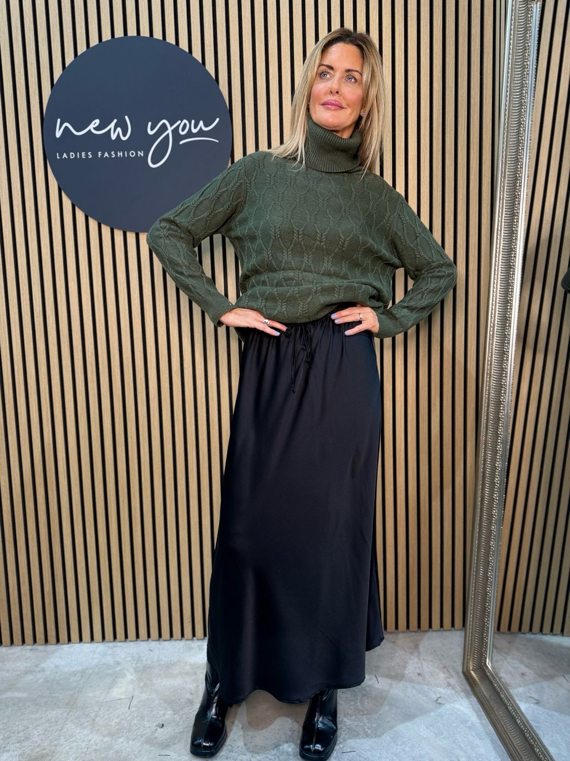 Satin Midi Skirt - Black