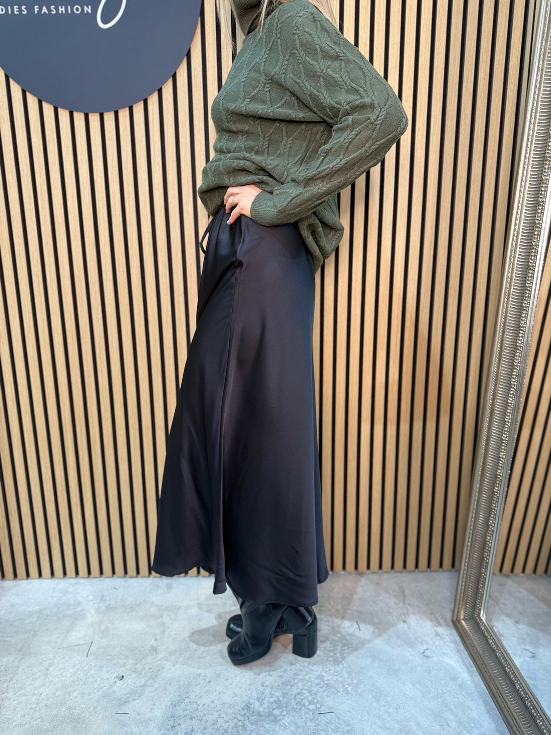 Satin Midi Skirt - Black