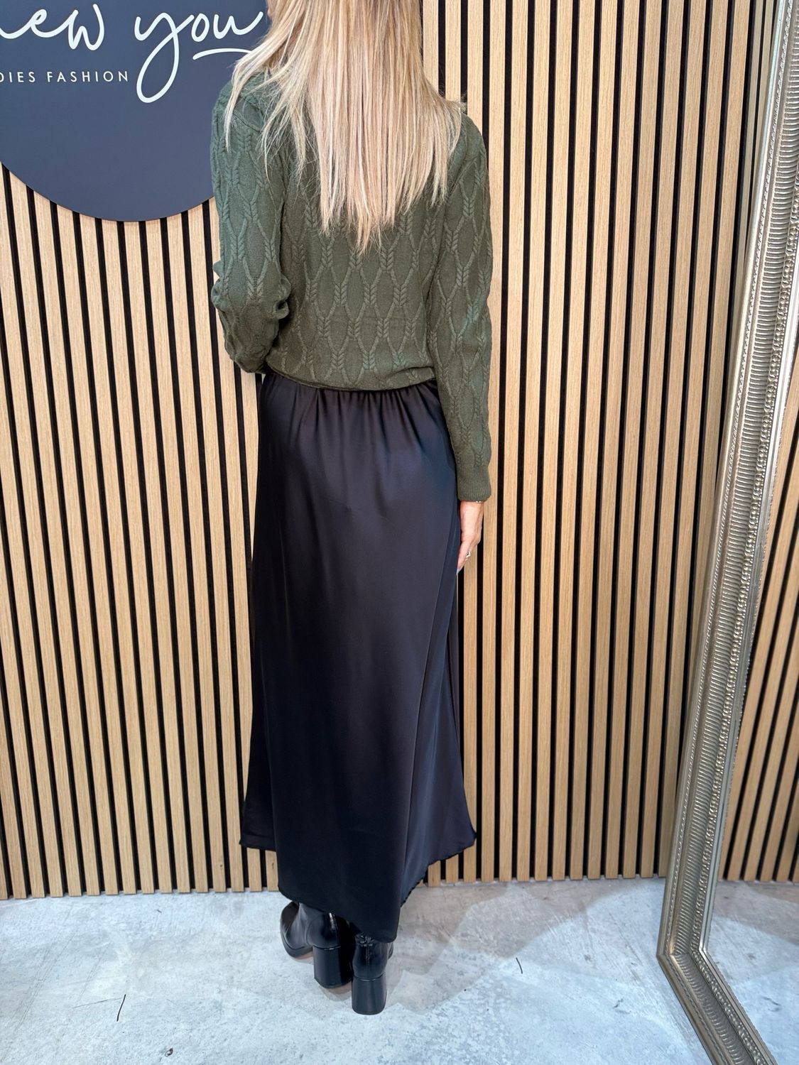 Satin Midi Skirt - Black