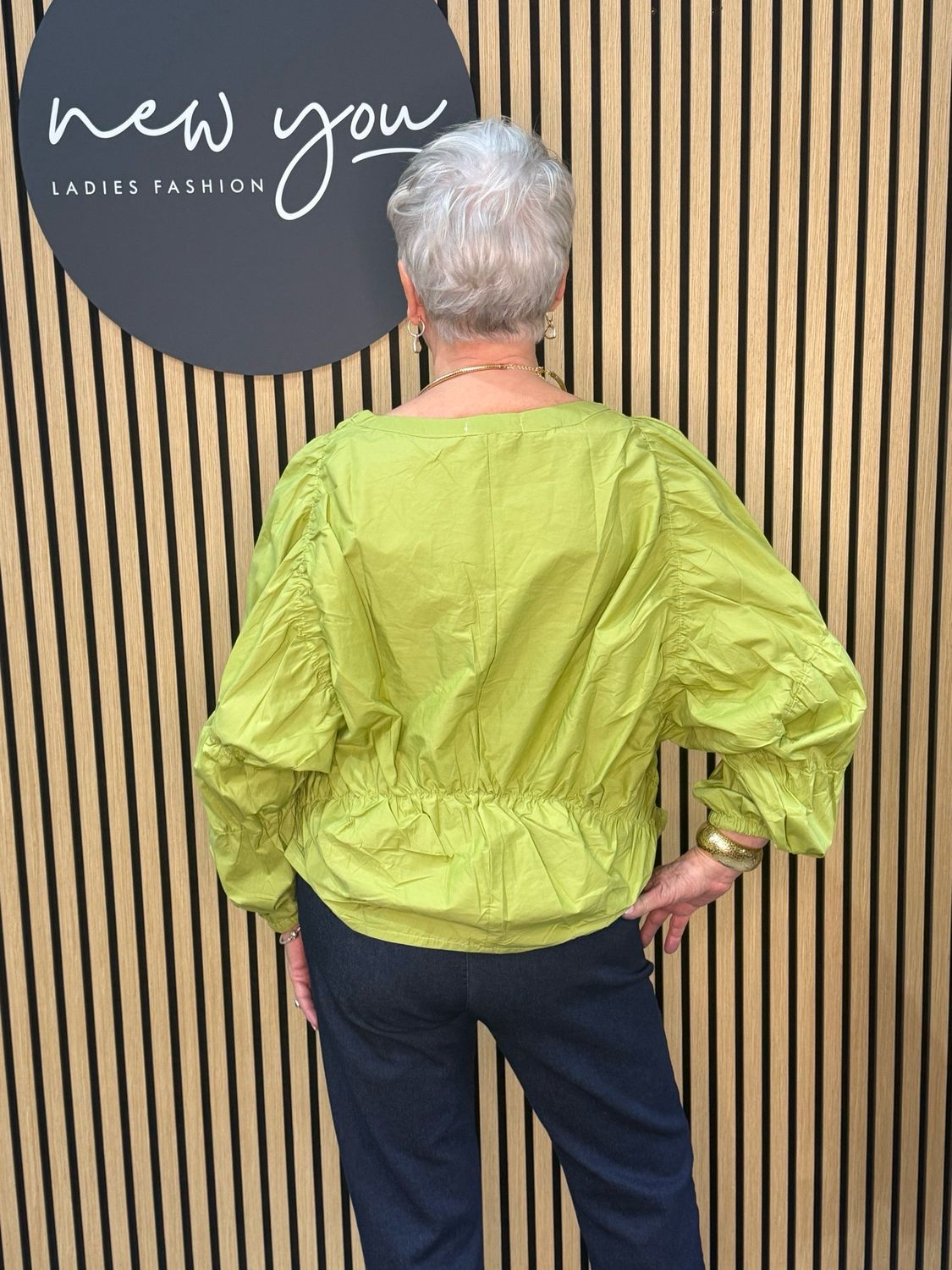 Stella Milani - Ruched Sleeve Cotton Top - Lime